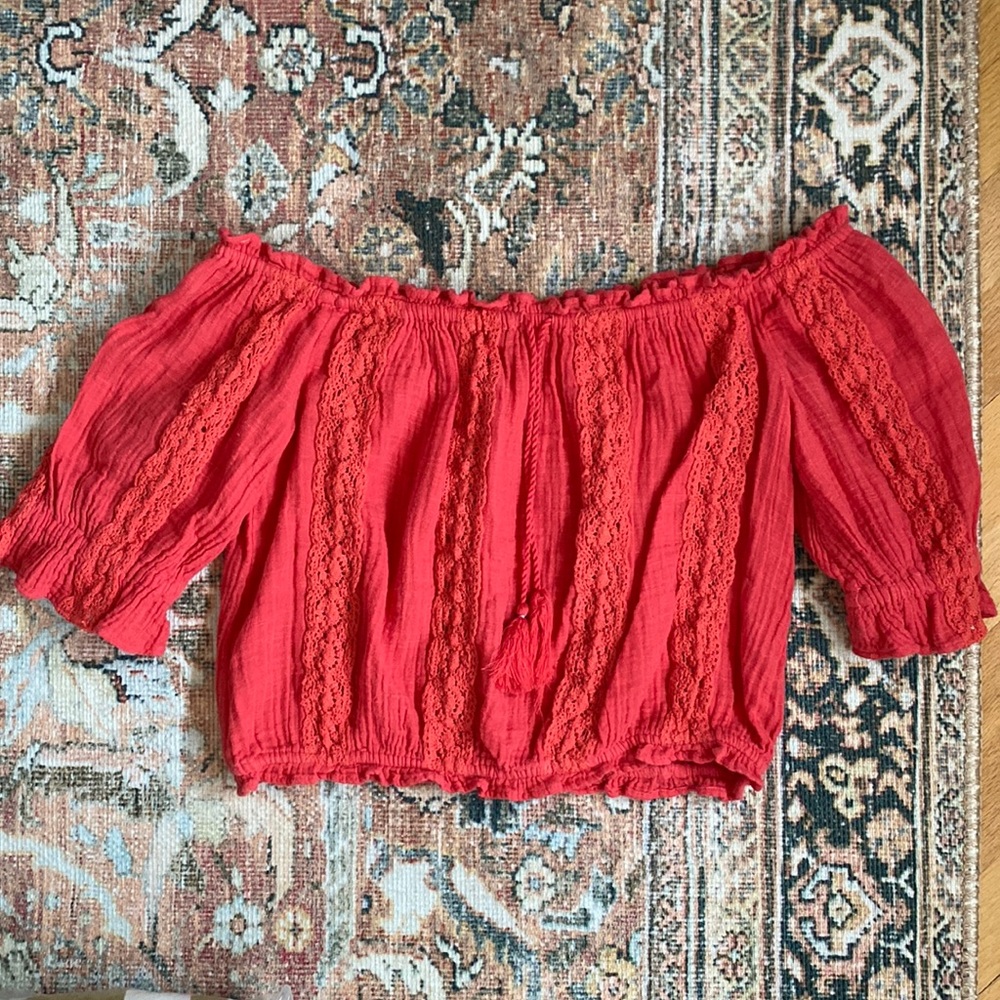 American Eagle Outfitters Red Off-Shoulder Lace Panel Crop Top